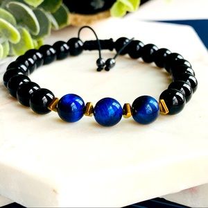 Blue Tiger Eye Bracelet 8mm round beads Adjustable Cord Macrame
